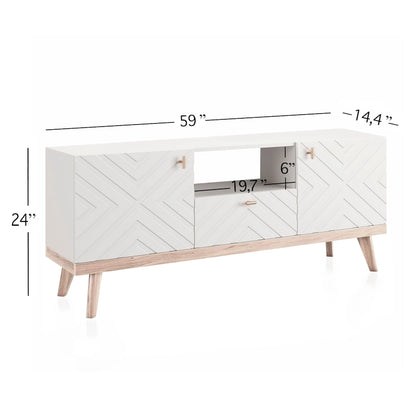 Mid-Century Modern TV Stand Console with Drawer, Beige, Fits TVs up to 65 in, Wood Legs