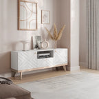 Living Skog Alba Beige TV Stand Console with Drawer Fits TV's up to 65 in. with Wood Legs Mid Century Modern Design