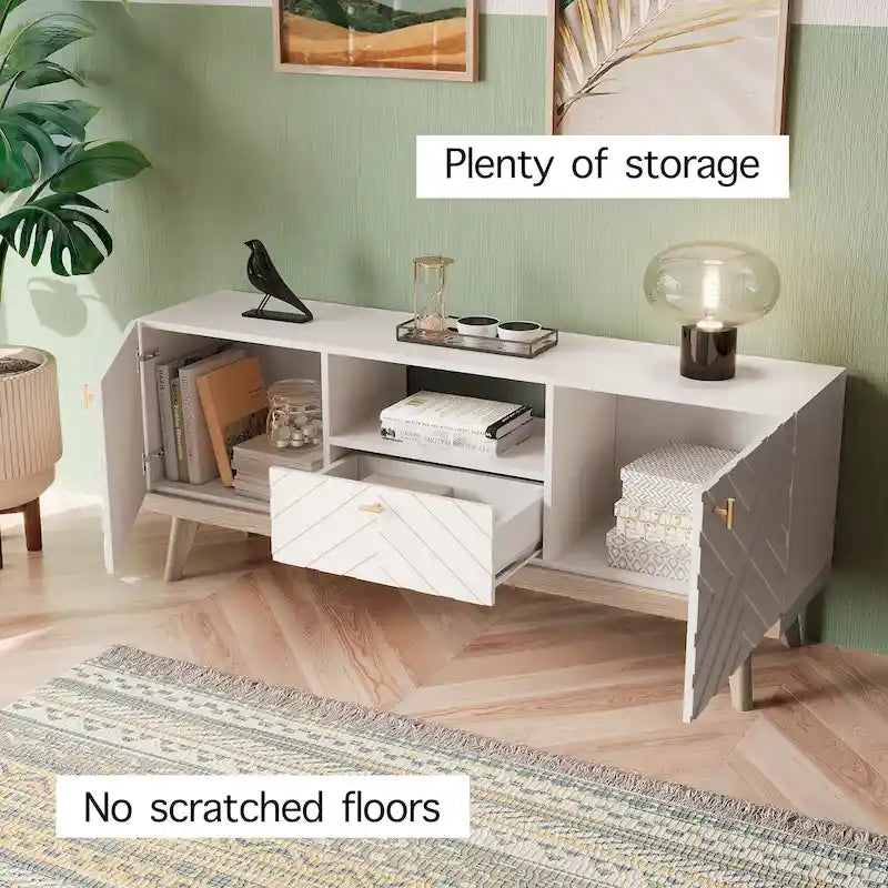 Mid-Century Modern TV Stand Console with Drawer, Beige, Fits TVs up to 65 in, Wood Legs