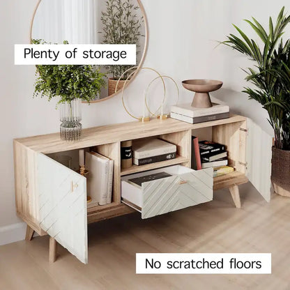 Mid-Century Modern TV Stand Console with Drawer, Beige, Fits TVs up to 65 in, Wood Legs