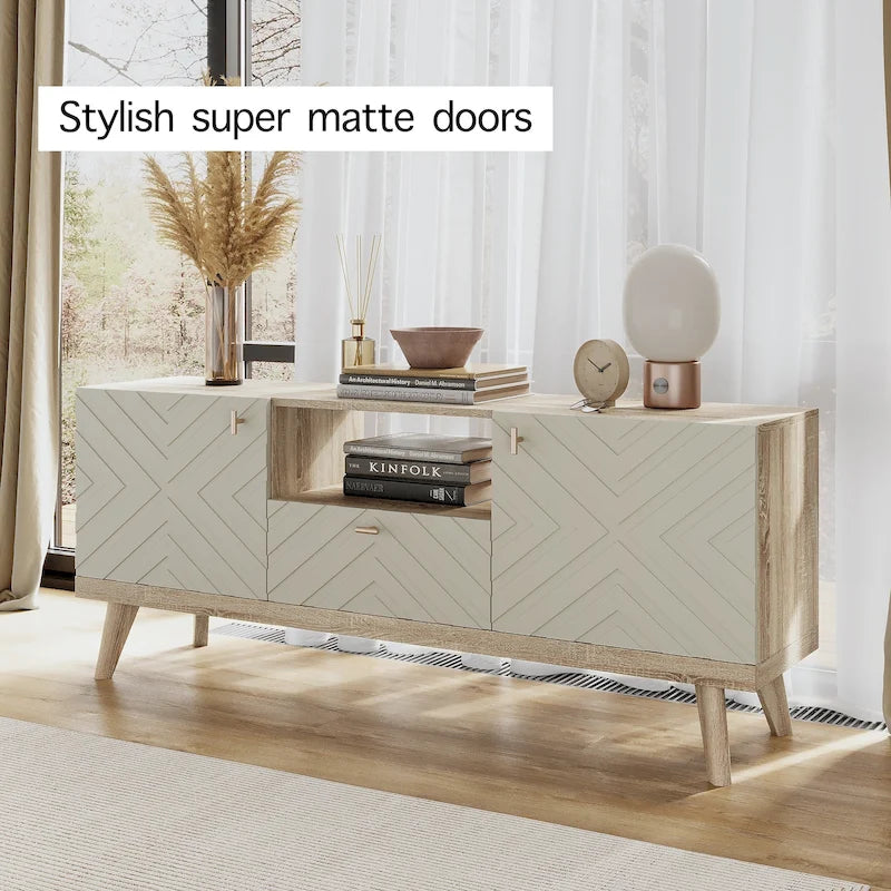 Mid-Century Modern TV Stand Console with Drawer, Beige, Fits TVs up to 65 in, Wood Legs