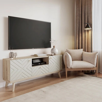 Mid-Century Modern TV Stand Console with Drawer, Beige, Fits TVs up to 65 in, Wood Legs