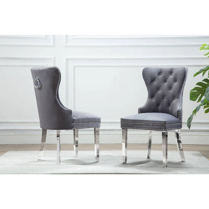 Button-Tufted Wingback Dining Chair with Nailhead Trim, Velvet or Faux Leather, Stainless Steel Frame, 23.5W x 25D x 39H in, 2-Pack