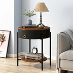 Modern Round End Table with Storage Drawer, Metal Legs, Nightstand for Living Room Bedroom Office