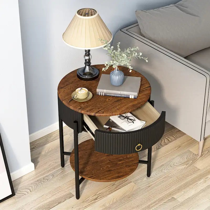 Modern Round End Table with Storage Drawer, Metal Legs, Nightstand for Living Room Bedroom Office