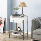 Modern Round End Table with Storage Drawer, Metal Legs, Nightstand for Living Room Bedroom Office