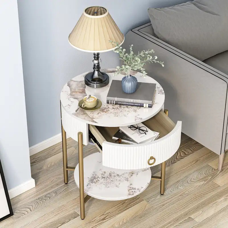 Modern Round End Table with Storage Drawer, Metal Legs, Nightstand for Living Room Bedroom Office