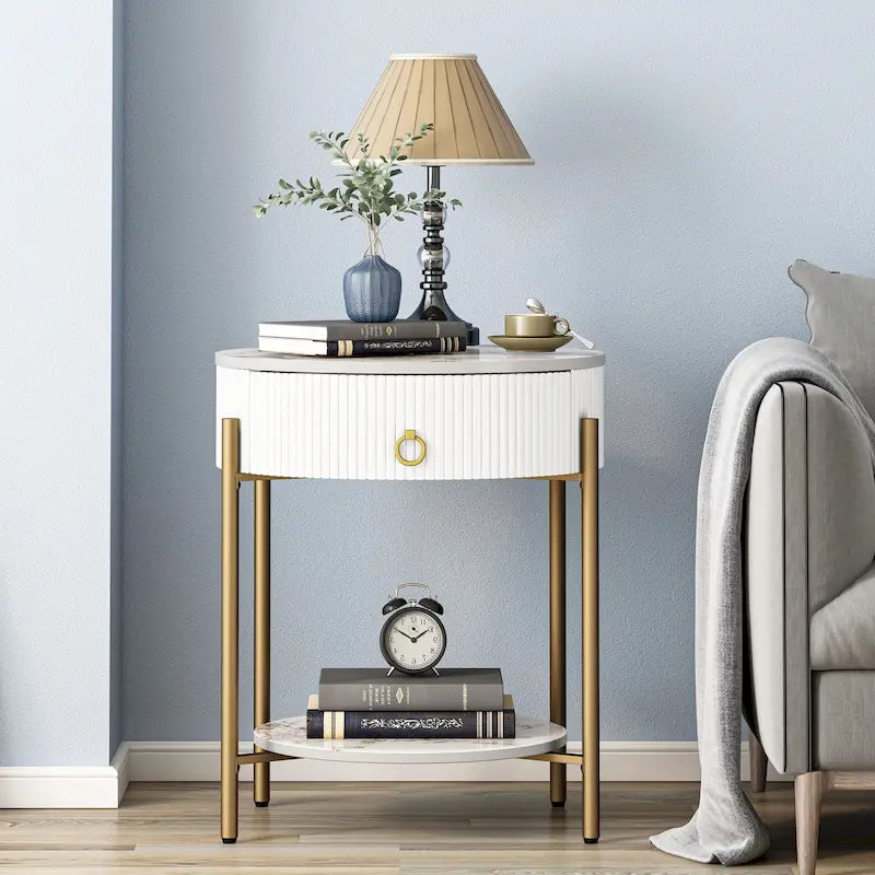 Modern Round End Table with Storage Drawer, Metal Legs, Nightstand for Living Room Bedroom Office
