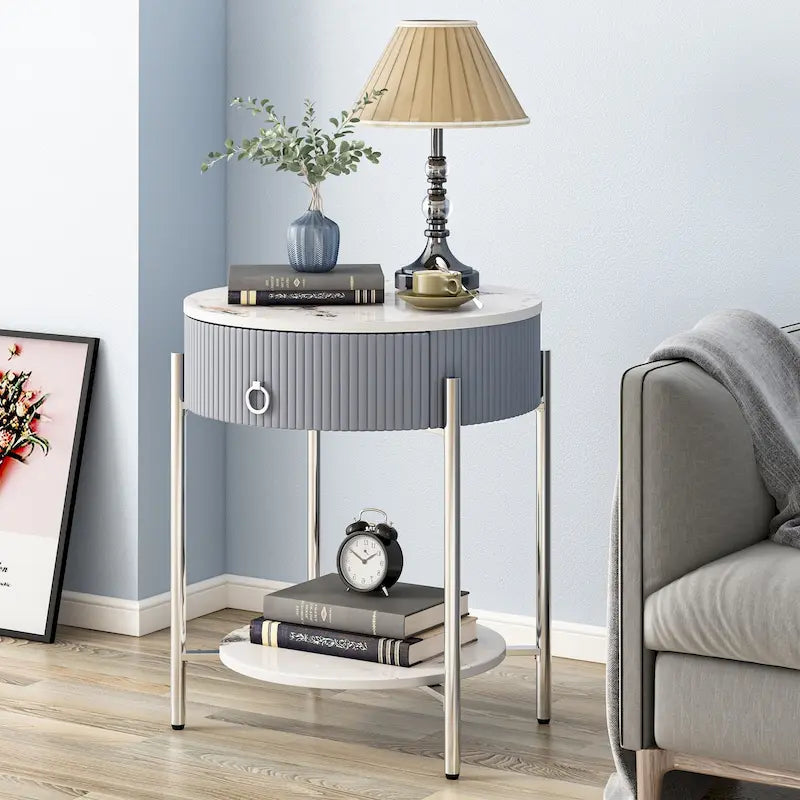 Modern Round End Table with Storage Drawer, Metal Legs, Nightstand for Living Room Bedroom Office