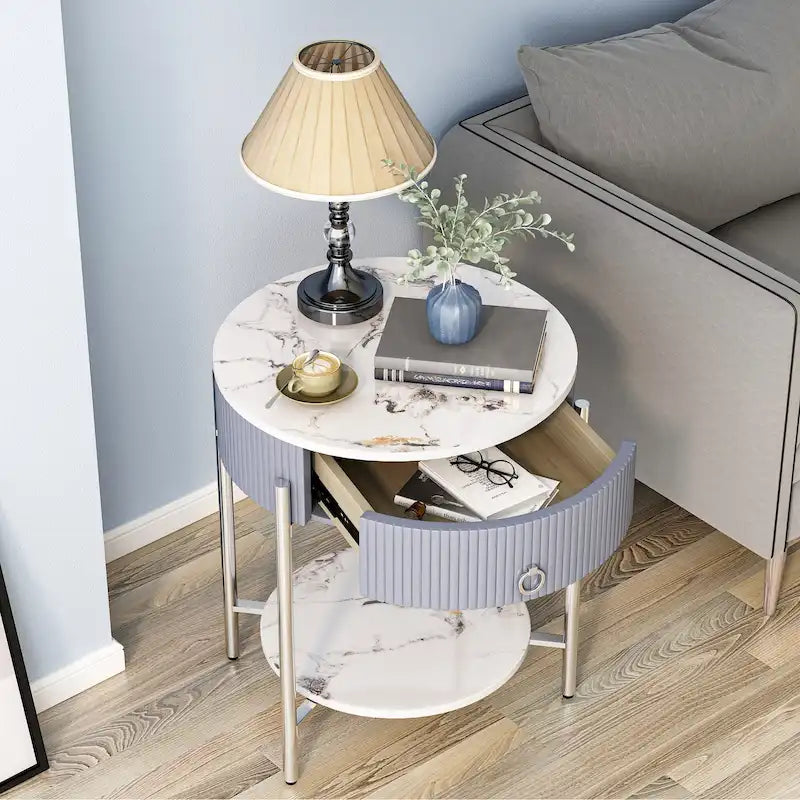 Modern Round End Table with Storage Drawer, Metal Legs, Nightstand for Living Room Bedroom Office
