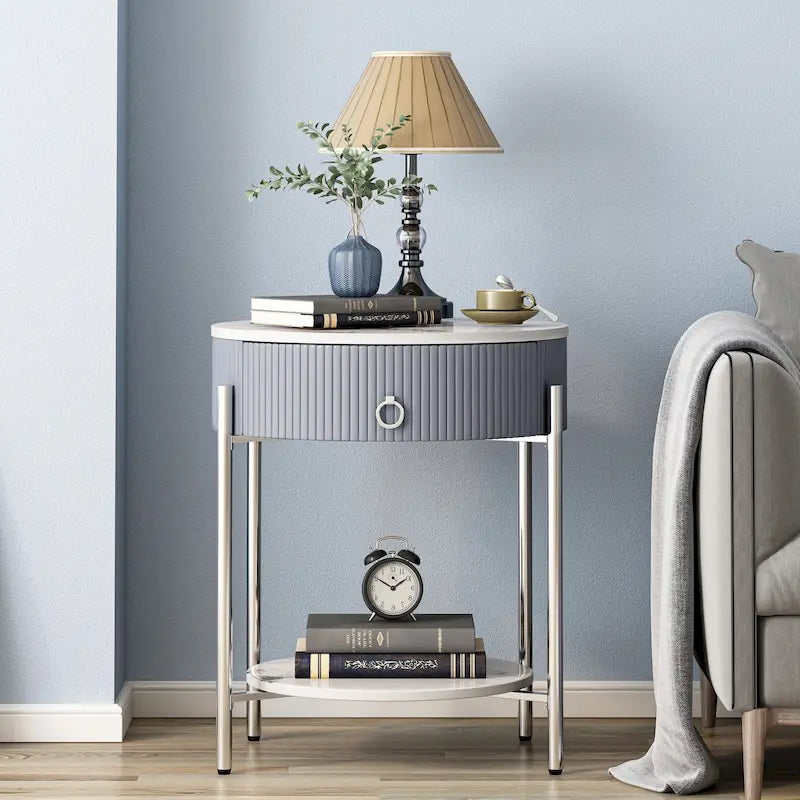 Modern Round End Table with Storage Drawer, Metal Legs, Nightstand for Living Room Bedroom Office
