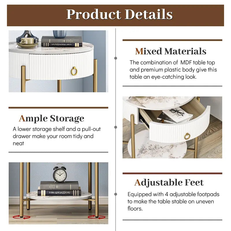 Modern Round End Table with Storage Drawer, Metal Legs, Nightstand for Living Room Bedroom Office