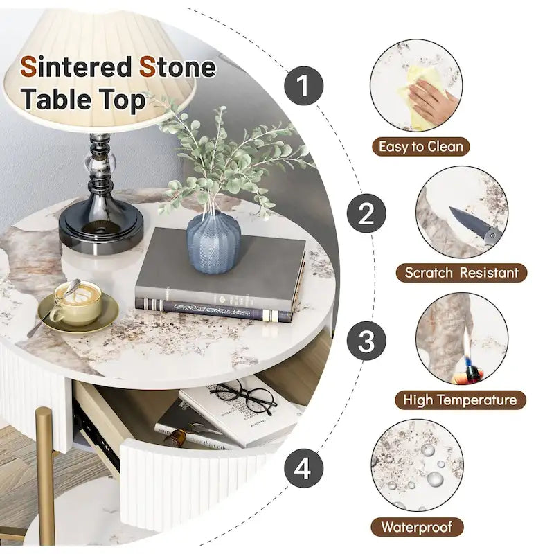 Modern Round End Table with Storage Drawer, Metal Legs, Nightstand for Living Room Bedroom Office