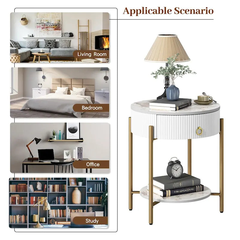 Modern Round End Table with Storage Drawer, Metal Legs, Nightstand for Living Room Bedroom Office