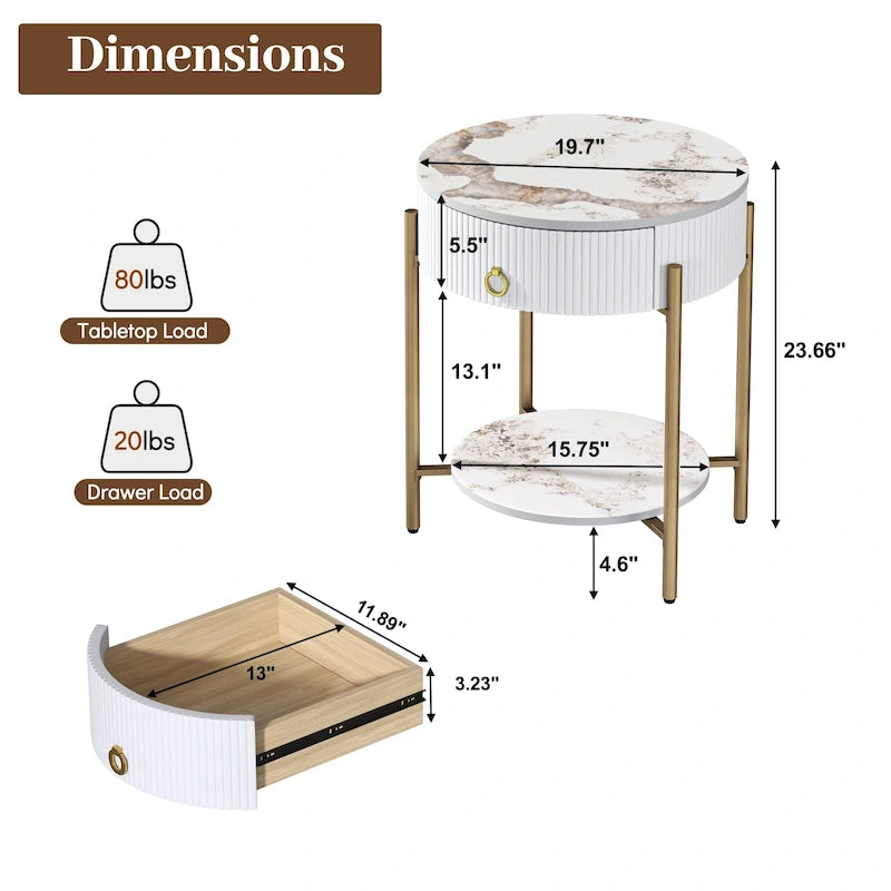 Modern Round End Table with Storage Drawer, Metal Legs, Nightstand for Living Room Bedroom Office