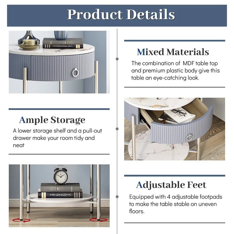 Modern Round End Table with Storage Drawer, Metal Legs, Nightstand for Living Room Bedroom Office