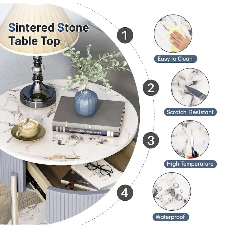Modern Round End Table with Storage Drawer, Metal Legs, Nightstand for Living Room Bedroom Office