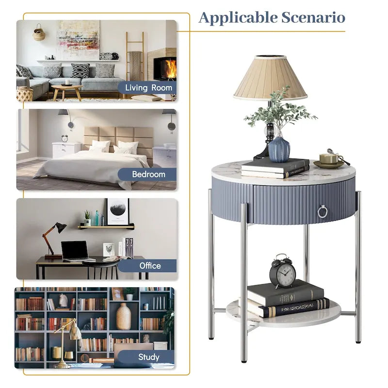 Modern Round End Table with Storage Drawer, Metal Legs, Nightstand for Living Room Bedroom Office