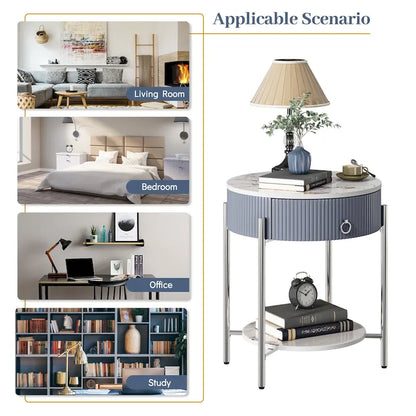 Round End Table with Drawer and Open Shelf, Faux Marble Top, Metal Legs, Nightstand for Bedroom or Living Room