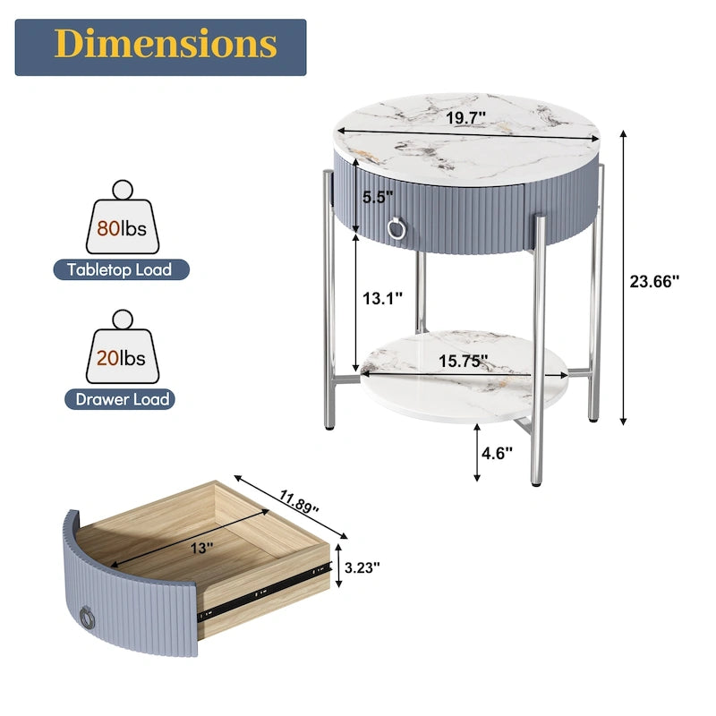 Modern Round End Table with Storage Drawer, Metal Legs, Nightstand for Living Room Bedroom Office