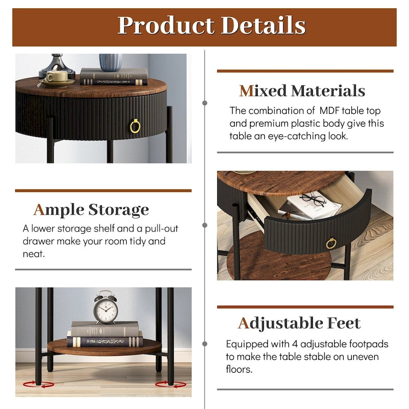 Modern Round End Table with Storage Drawer, Metal Legs, Nightstand for Living Room Bedroom Office