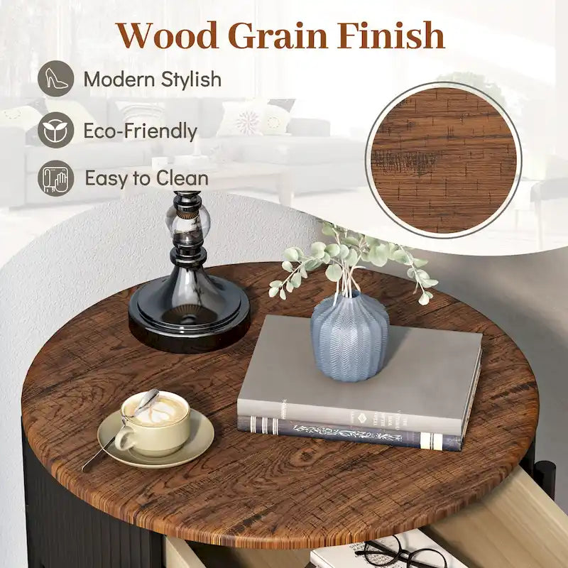 Modern Round End Table with Storage Drawer, Metal Legs, Nightstand for Living Room Bedroom Office