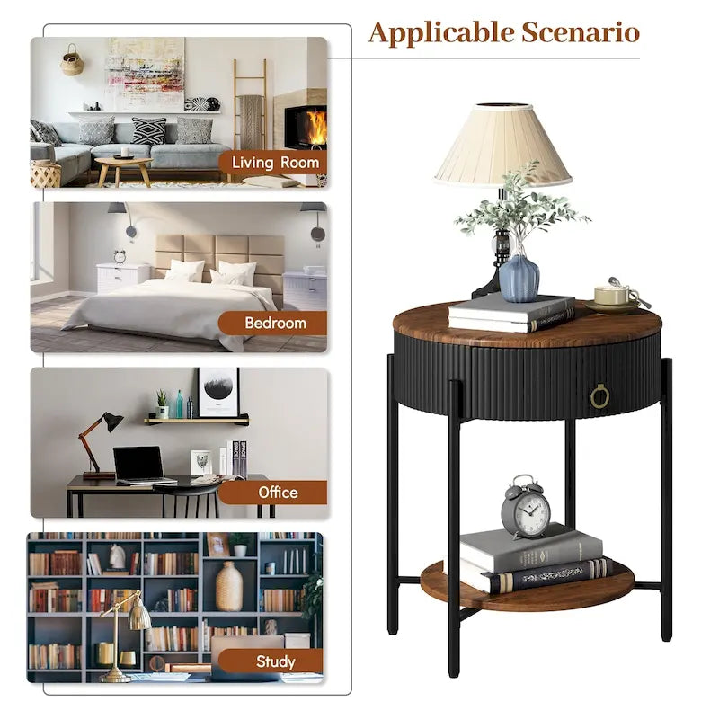 Modern Round End Table with Storage Drawer, Metal Legs, Nightstand for Living Room Bedroom Office