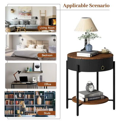 Round End Table with Drawer and Open Shelf, Faux Marble Top, Metal Legs, Nightstand for Bedroom or Living Room