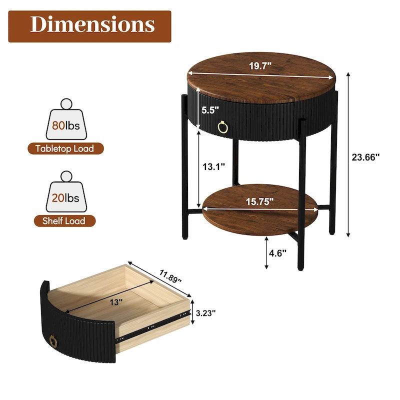 Modern Round End Table with Storage Drawer, Metal Legs, Nightstand for Living Room Bedroom Office