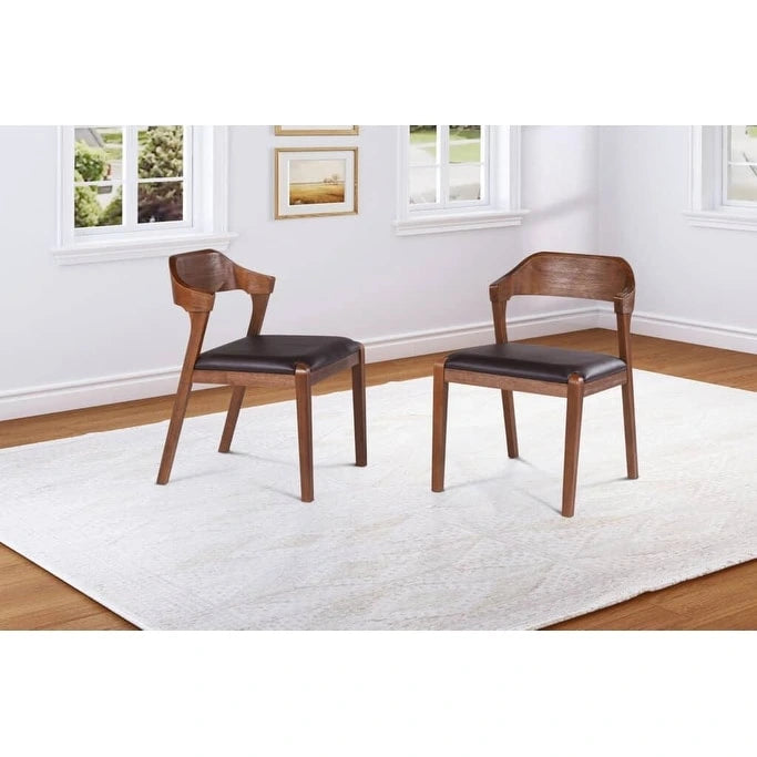 Mid-Century Dining Side Chair, Rubberwood, Faux Leather Padded Seat, Chestnut Wire-Brush Finish