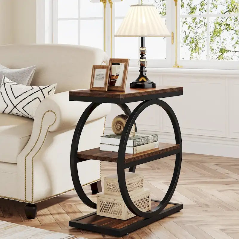 Narrow End Table with 3 Storage Shelves, Wood Side Table for Living Room