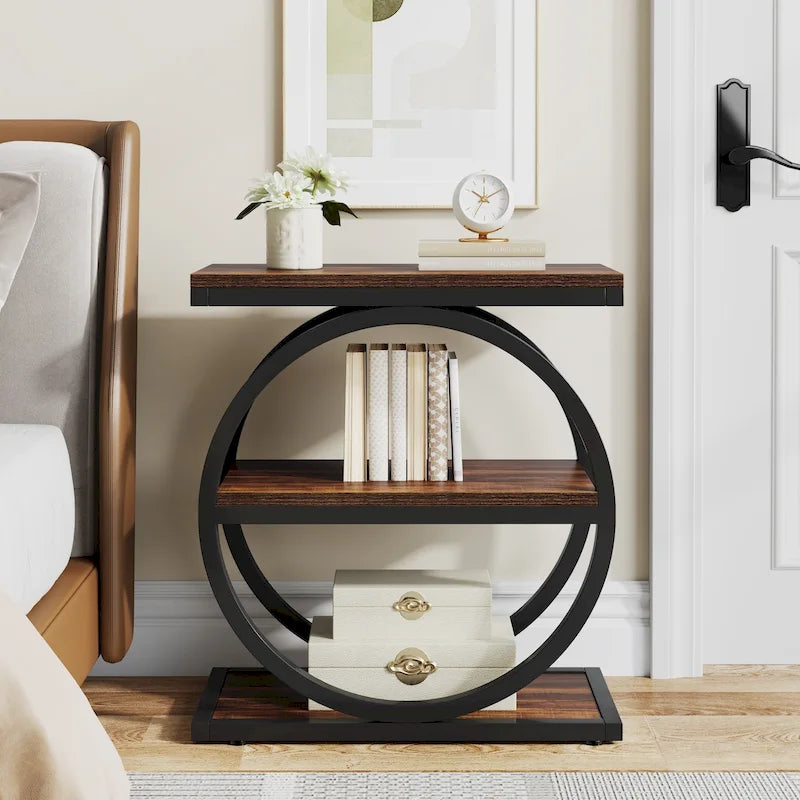 Narrow End Table with 3 Storage Shelves, Wood Side Table for Living Room