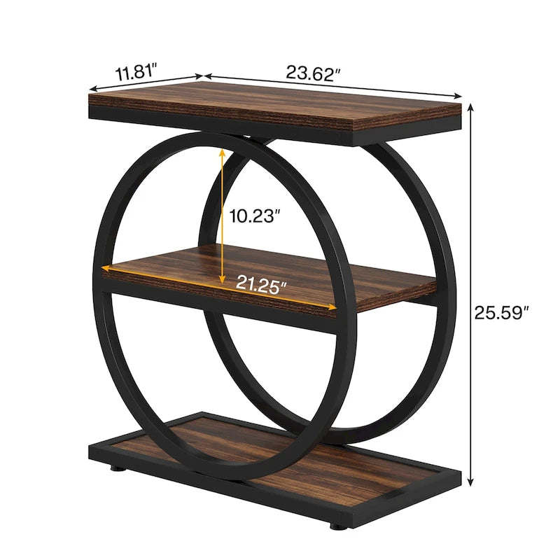 Narrow End Table with 3 Storage Shelves, Wood Side Table for Living Room