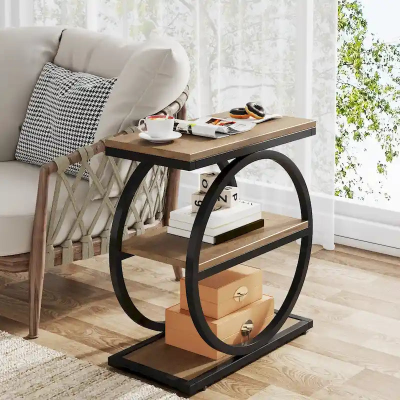 Narrow End Table with 3 Storage Shelves, Wood Side Table for Living Room