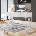 Modern Computer Writing Desk with 2 Drawers, White and Gold Home Office Desk, Makeup Vanity Table