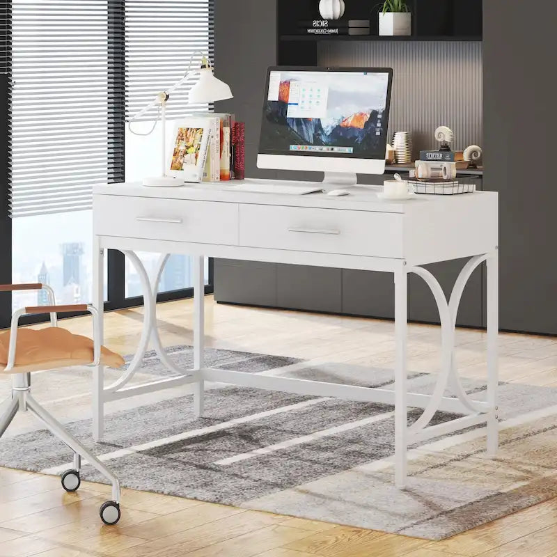 Writing Desk with 2 Drawers, White and Gold, 41.3W x 19.7D x 30.7H in, Home Office or Makeup Vanity