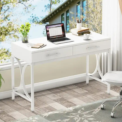 Writing Desk with 2 Drawers, White and Gold, 41.3W x 19.7D x 30.7H in, Home Office or Makeup Vanity