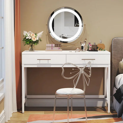 Writing Desk with 2 Drawers, White and Gold, 41.3W x 19.7D x 30.7H in, Home Office or Makeup Vanity
