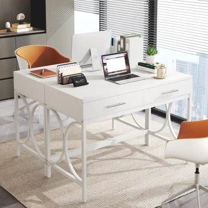 Writing Desk with 2 Drawers, White and Gold, 41.3W x 19.7D x 30.7H in, Home Office or Makeup Vanity