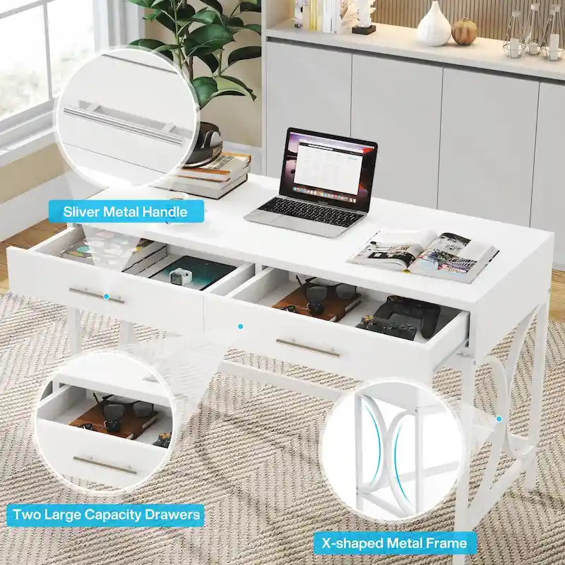 Writing Desk with 2 Drawers, White and Gold, 41.3W x 19.7D x 30.7H in, Home Office or Makeup Vanity