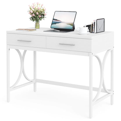 Writing Desk with 2 Drawers, White and Gold, 41.3W x 19.7D x 30.7H in, Home Office or Makeup Vanity