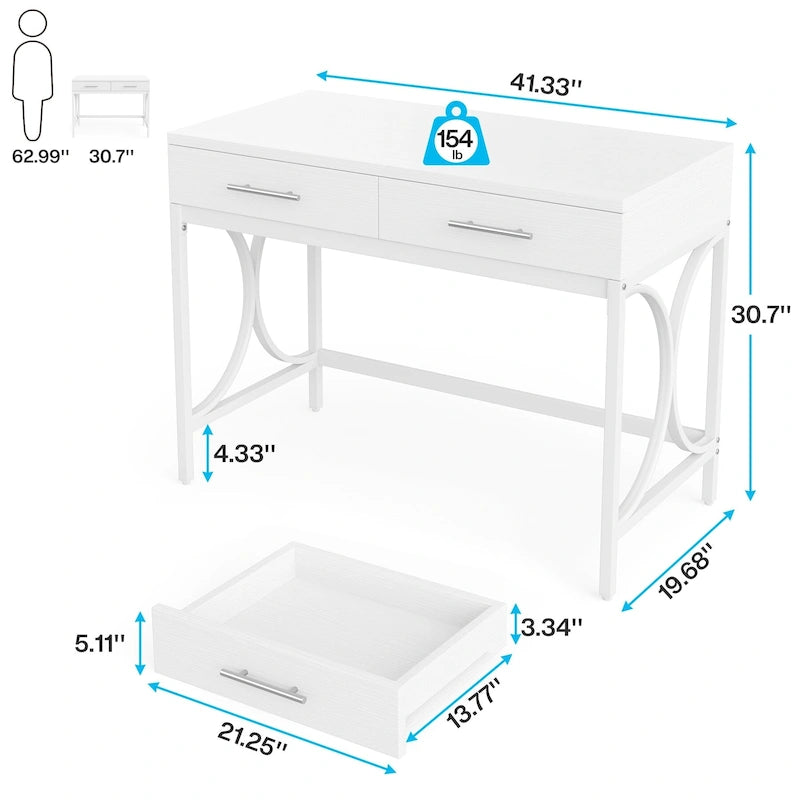 Writing Desk with 2 Drawers, White and Gold, 41.3W x 19.7D x 30.7H in, Home Office or Makeup Vanity