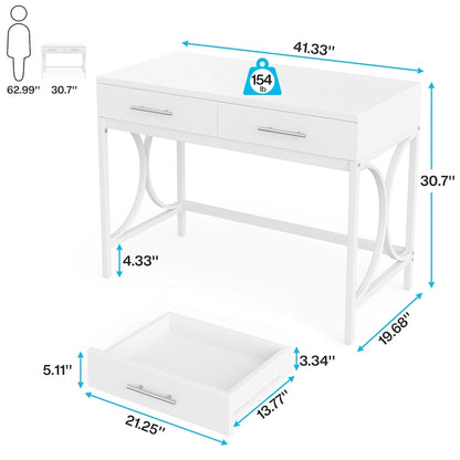 Writing Desk with 2 Drawers, White and Gold, 41.3W x 19.7D x 30.7H in, Home Office or Makeup Vanity
