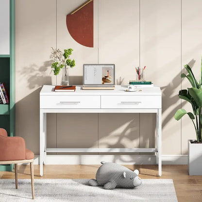 Writing Desk with 2 Drawers, White and Gold, 41.3W x 19.7D x 30.7H in, Home Office or Makeup Vanity