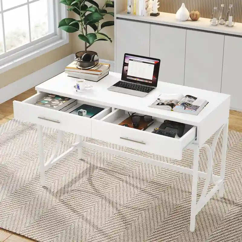 Writing Desk with 2 Drawers, White and Gold, 41.3W x 19.7D x 30.7H in, Home Office or Makeup Vanity