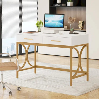 Writing Desk with 2 Drawers, White and Gold, 41.3W x 19.7D x 30.7H in, Home Office or Makeup Vanity
