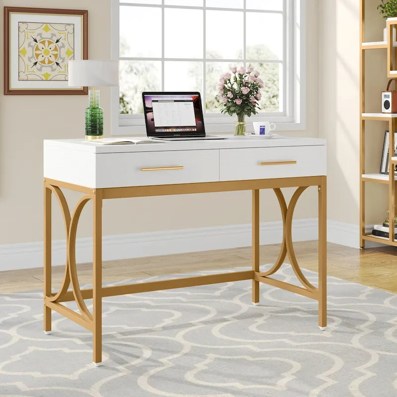Writing Desk with 2 Drawers, White and Gold, 41.3W x 19.7D x 30.7H in, Home Office or Makeup Vanity
