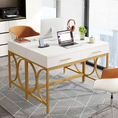 Writing Desk with 2 Drawers, White and Gold, 41.3W x 19.7D x 30.7H in, Home Office or Makeup Vanity