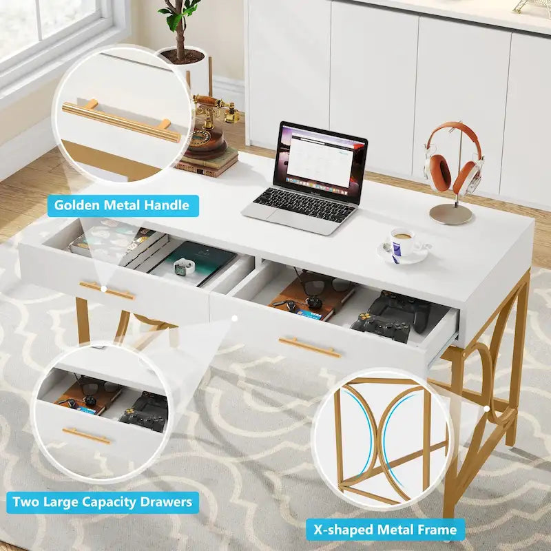Modern Computer Writing Desk with 2 Drawers, White and Gold Home Office Desk, Makeup Vanity Table