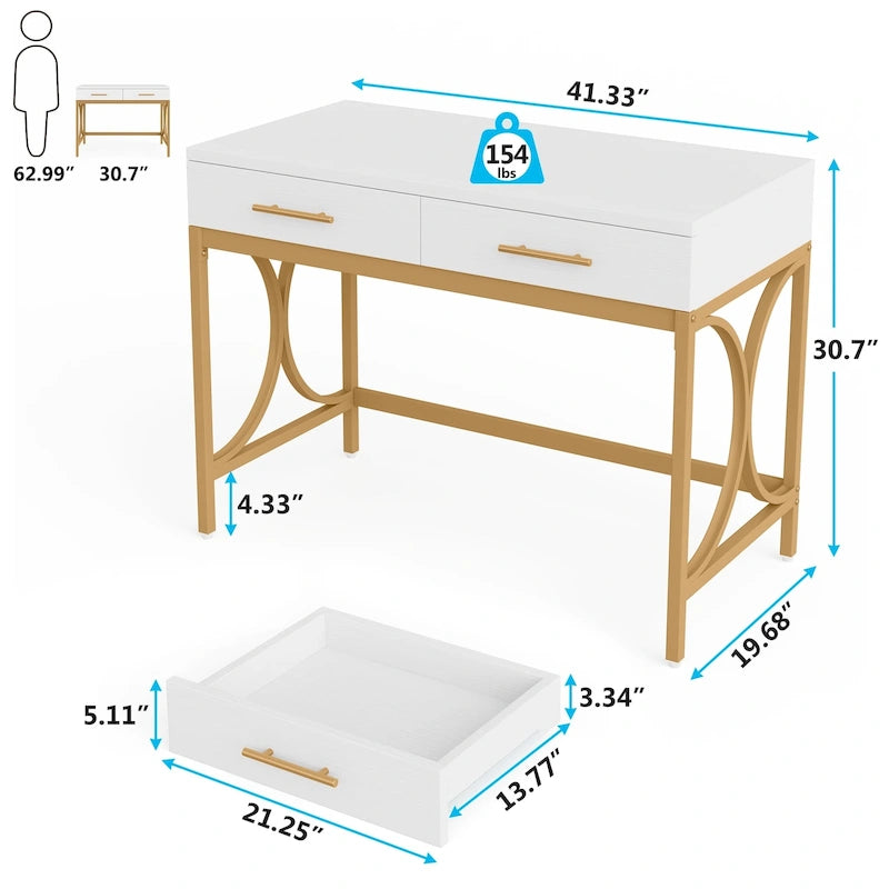 Writing Desk with 2 Drawers, White and Gold, 41.3W x 19.7D x 30.7H in, Home Office or Makeup Vanity